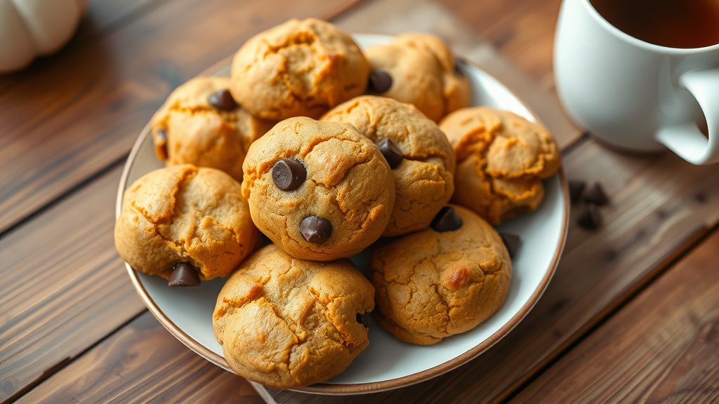 Espresso Pumpkin Cookies Recipe A plate of golden brown espresso pumpkin cookies with chocolate chips, accompanied by a cup of coffee on a wooden table.